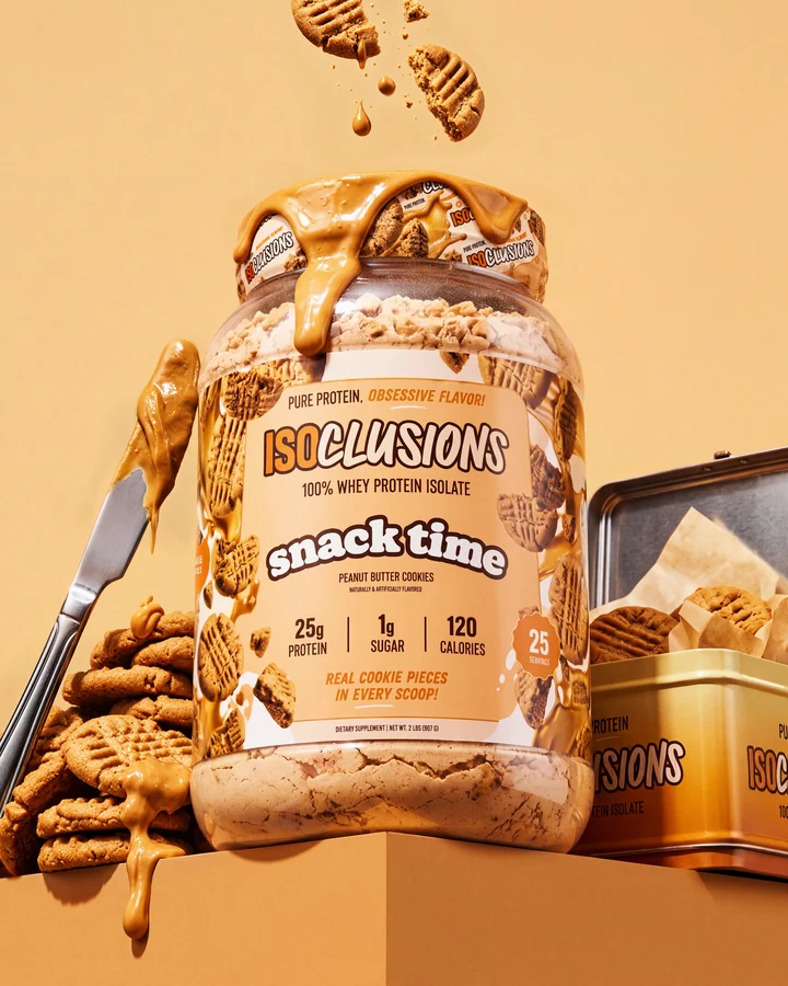 ISOCLUSIONS Low-angle Snack Time tub on a golden pedestal with falling cookie pieces.