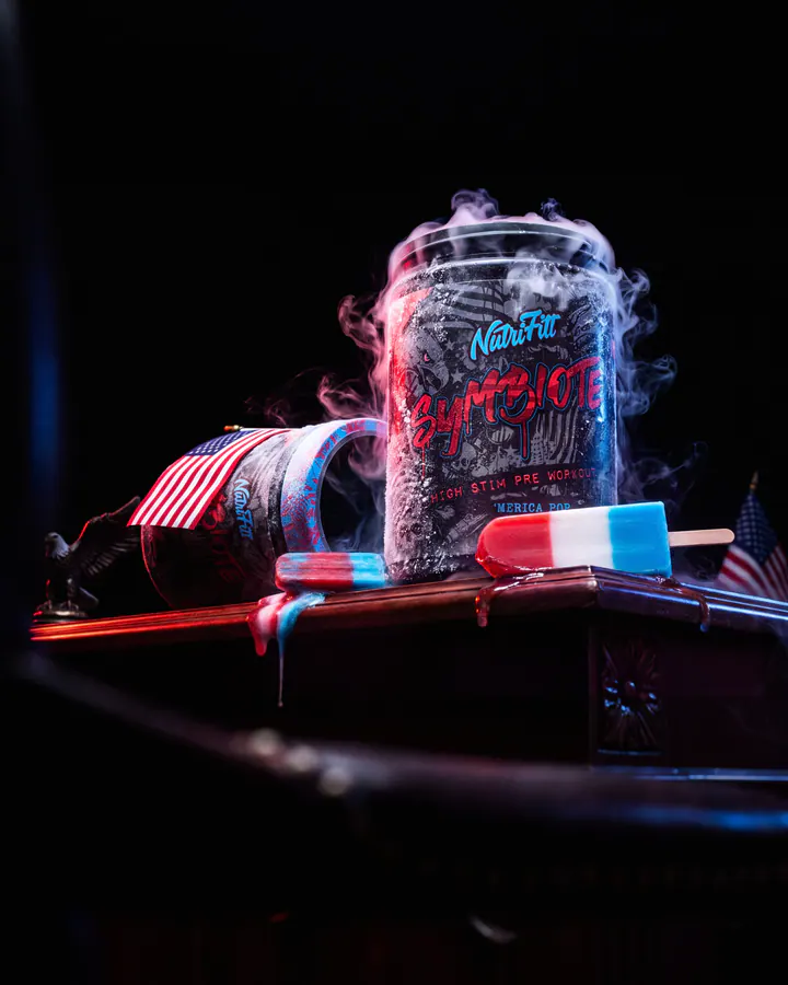 NaviFit Symbiote Merica Pop tub surrounded by cold vapor, red and blue frozen pops and a folded American flag.