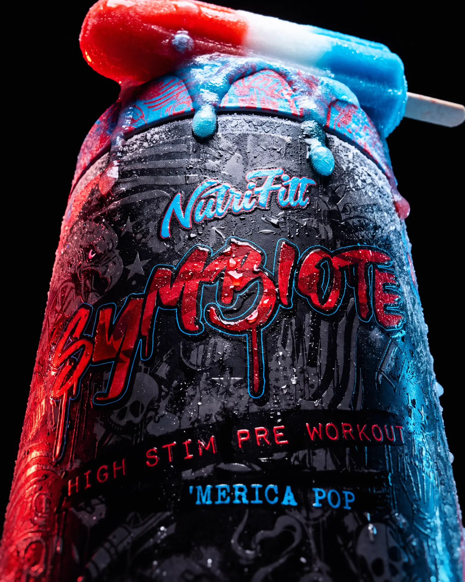 NaviFit Symbiote pre-workout tub covered in water with red and cyan frozen flavor elements.