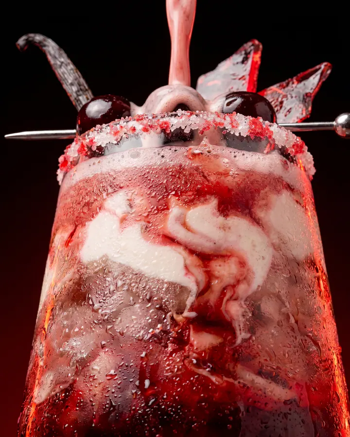 Cherry Pop Cream energy drink with ice shards, cherries and cream pouring into the glass.