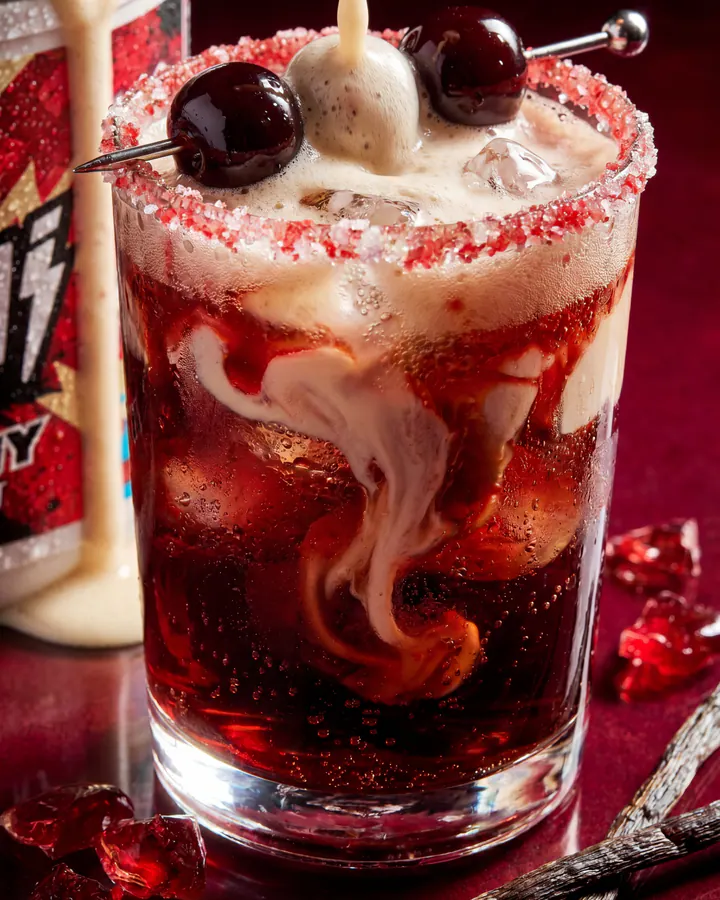 Cherry Pop Cream iced drink with cherries, cream and an Ommi Energy tub on a red set.