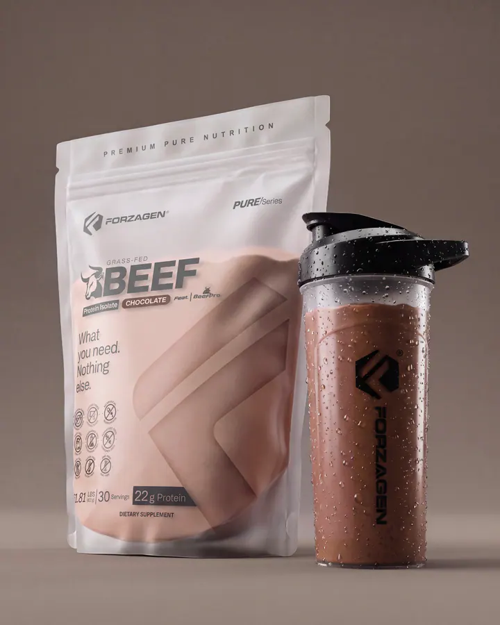 Forzagen Pure Beef Chocolate protein bag and brown shaker on a minimal warm product set.