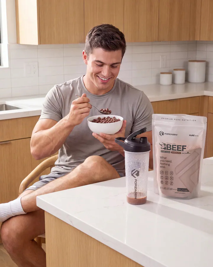 Athlete eating a protein breakfast beside Pure Beef bags and a shaker in a bright kitchen.
