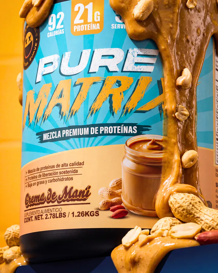 Pure Matrix peanut-butter flavor label surrounded by flowing peanut butter and peanuts.