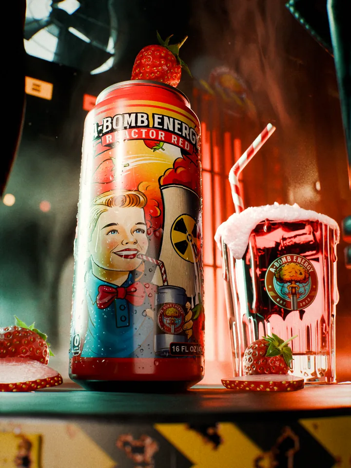 A-Bomb Energy Reactor Red can on a reactor plug with a strawberry on its lid, a glass of the drink with froth beside it, strawberries on the steel and the red core glowing behind.
