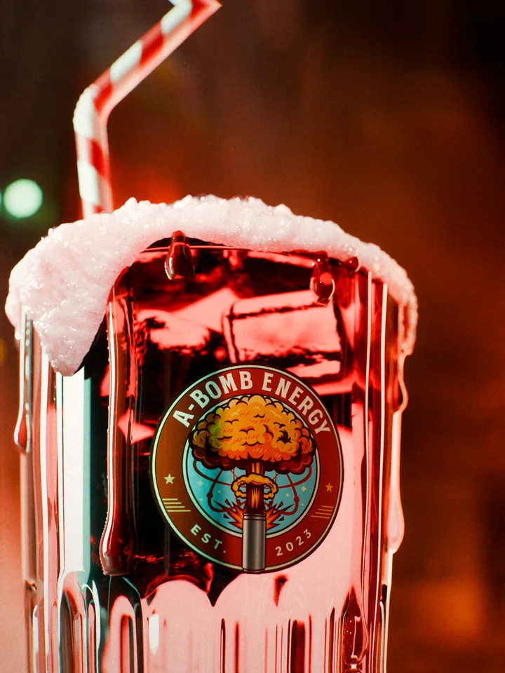 Macro of a bar glass of red drink with ice, pink froth spilling over the rim and the A-Bomb Energy roundel on the glass.