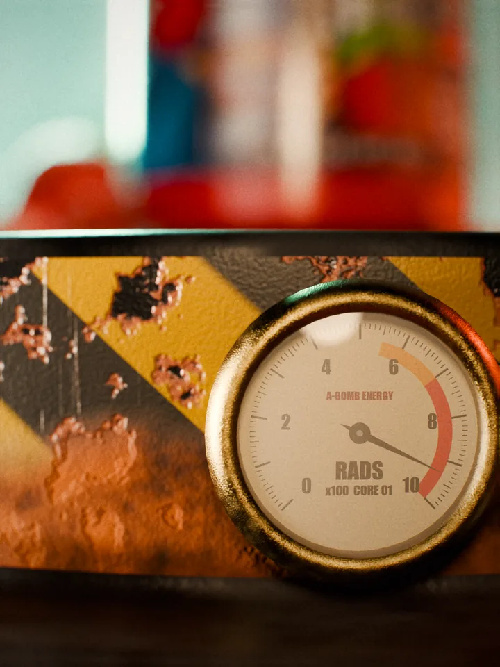Macro of a brass gauge reading RADS on the chipped hazard band of the reactor plug, the can out of focus above.