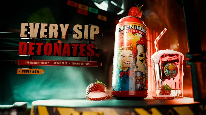 Wide banner of the Reactor Red scene with the line Every Sip Detonates as cream and red enamel letters on steel rails on the left and the can, glass and strawberries on the right.