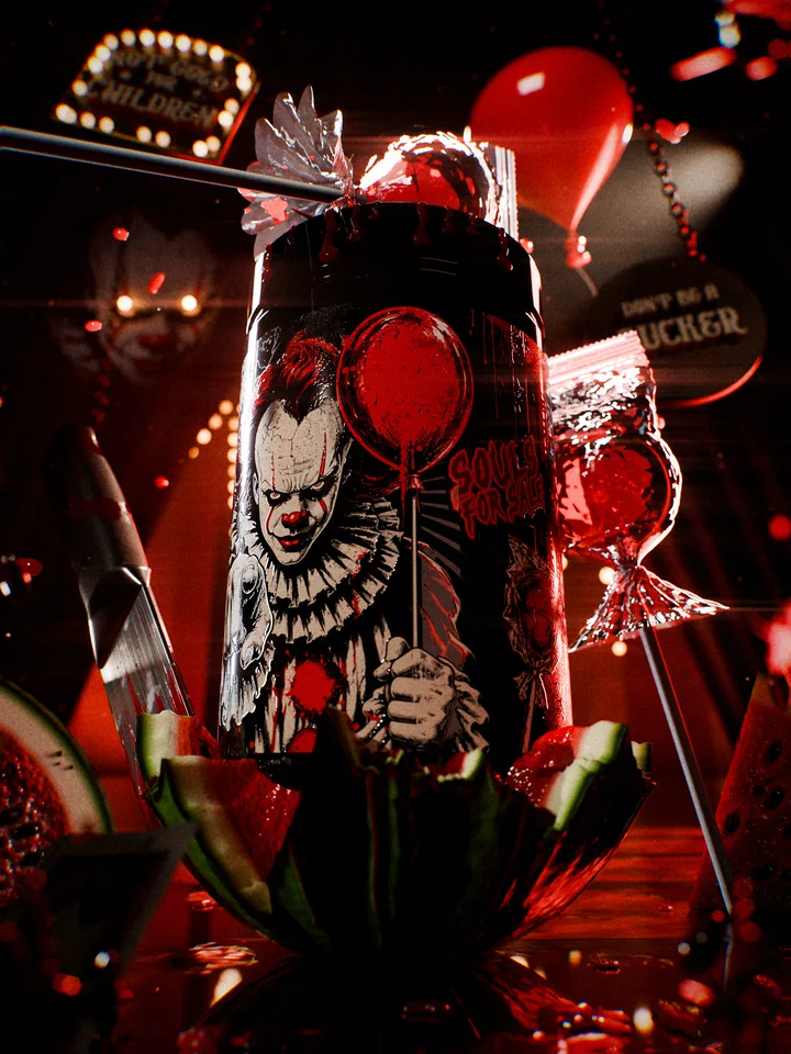 Souls For Sale pre-workout tub rammed into a smashed watermelon with a knife, sour suckers and a red balloon in front of a dark circus tent.