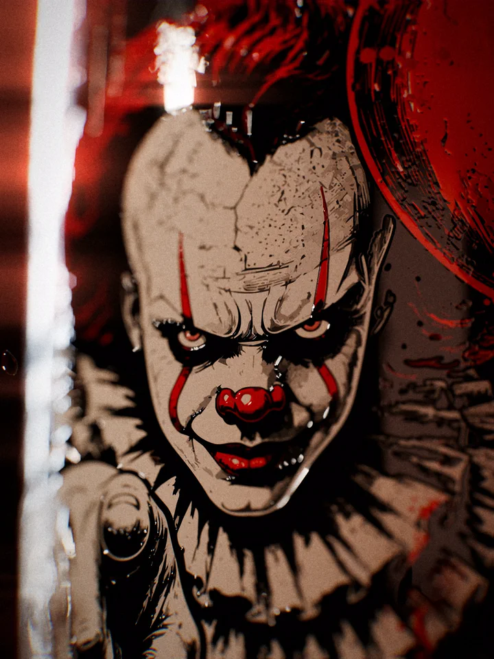 Macro of the clown artwork on the Souls For Sale label under red light.