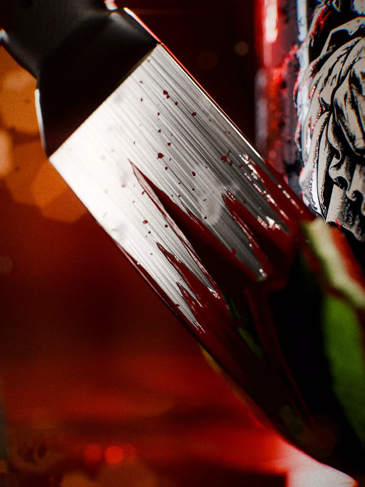 Macro of a kitchen knife stuck in smashed watermelon beside the tub.