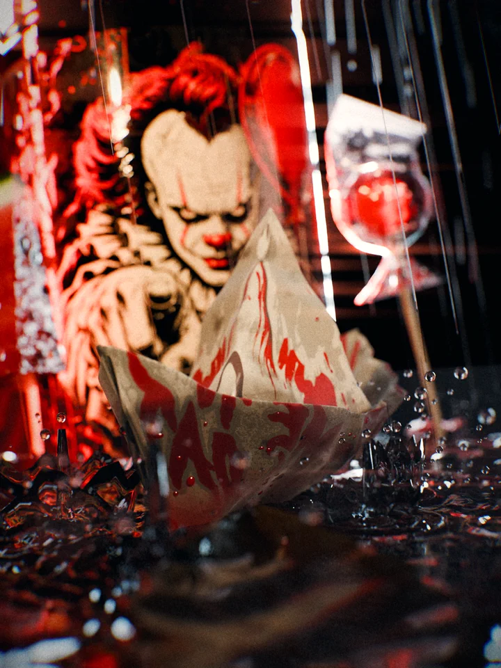 Macro of a printed paper boat drifting in gutter water in front of the tub.