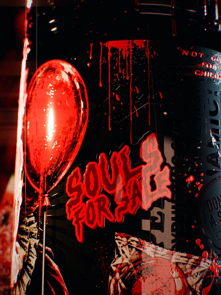Macro of the red balloon and Souls For Sale wordmark on the label in the rain.