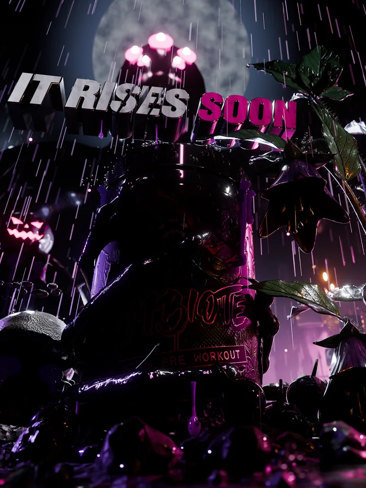 Symbiote pre-workout tub in a rainy violet graveyard under glowing creature eyes, with IT RISES SOON in 3D letters above it.