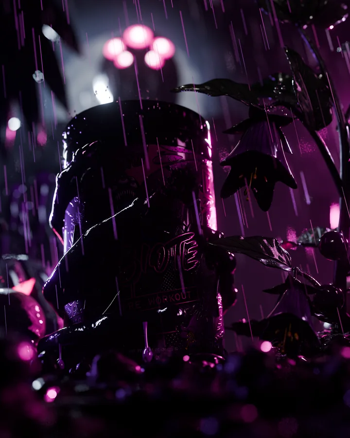 Low hero shot of the Symbiote tub in hard rain with a dark flowering plant and pink back light.