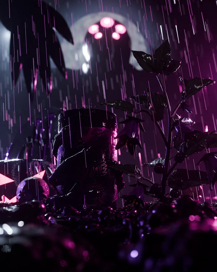 Wide scene of the Symbiote tub between dark leaves and wet graveyard dirt under a full moon.