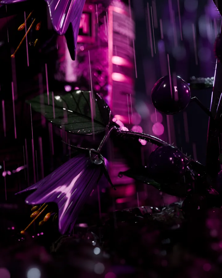 Macro of a purple bell-shaped flower and dark berries dripping with rain in front of the tub.
