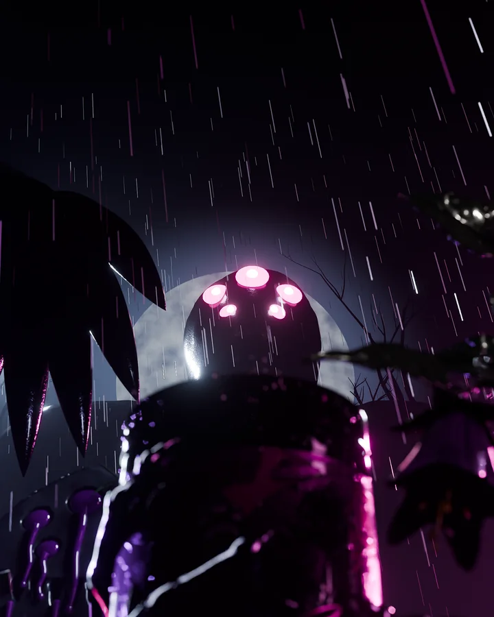 A creature with glowing pink eyes watching over the Symbiote tub through the rain.